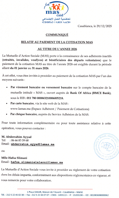 COMMUNIQUÉ RELATIF AU PAIEMENT DE LA COTISATION MAS AU TITRE DE L’ANNEE 2026